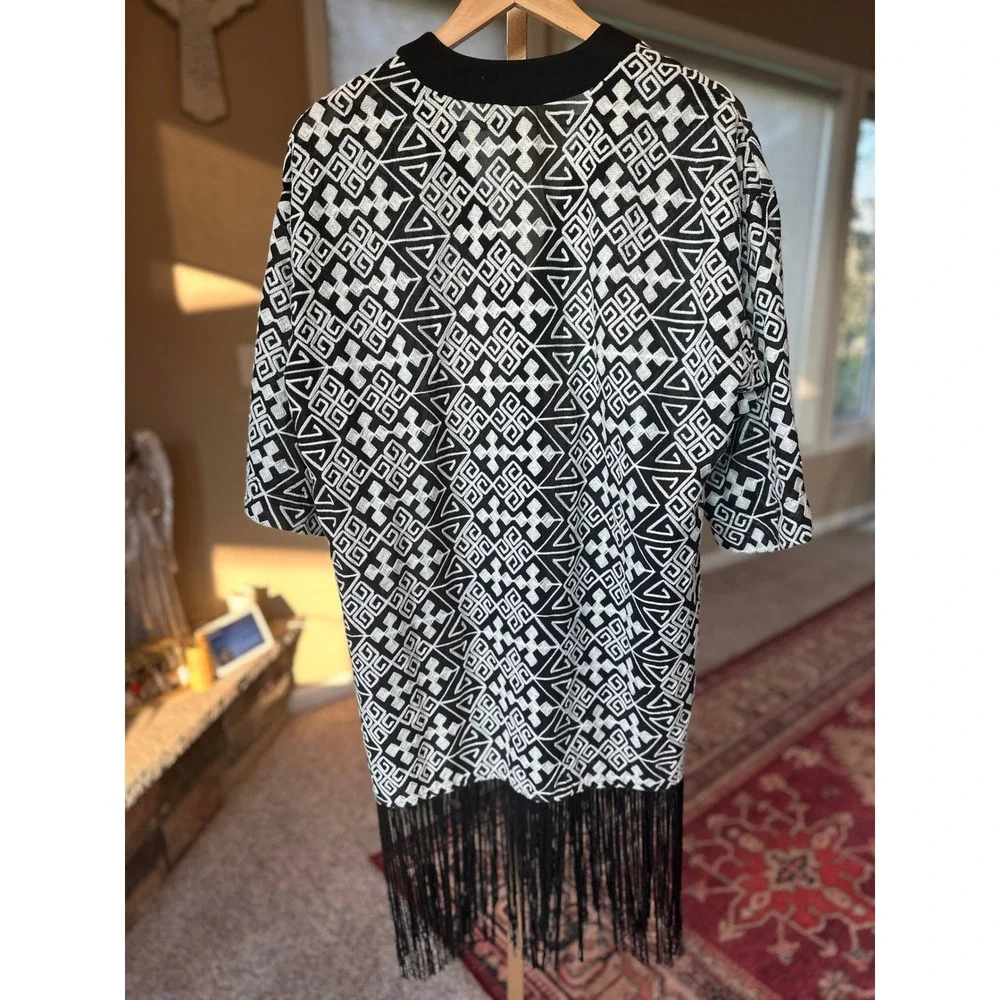 Geometric Fringe‎ Cardigan Duster Button Down Cover Up Black White
